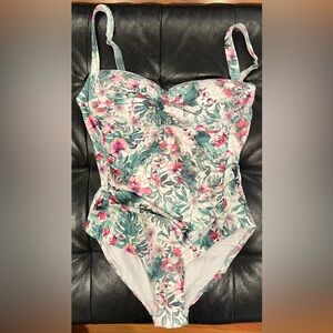 Pink and Green Tropical One Piece Swimsuit with Bustier Top